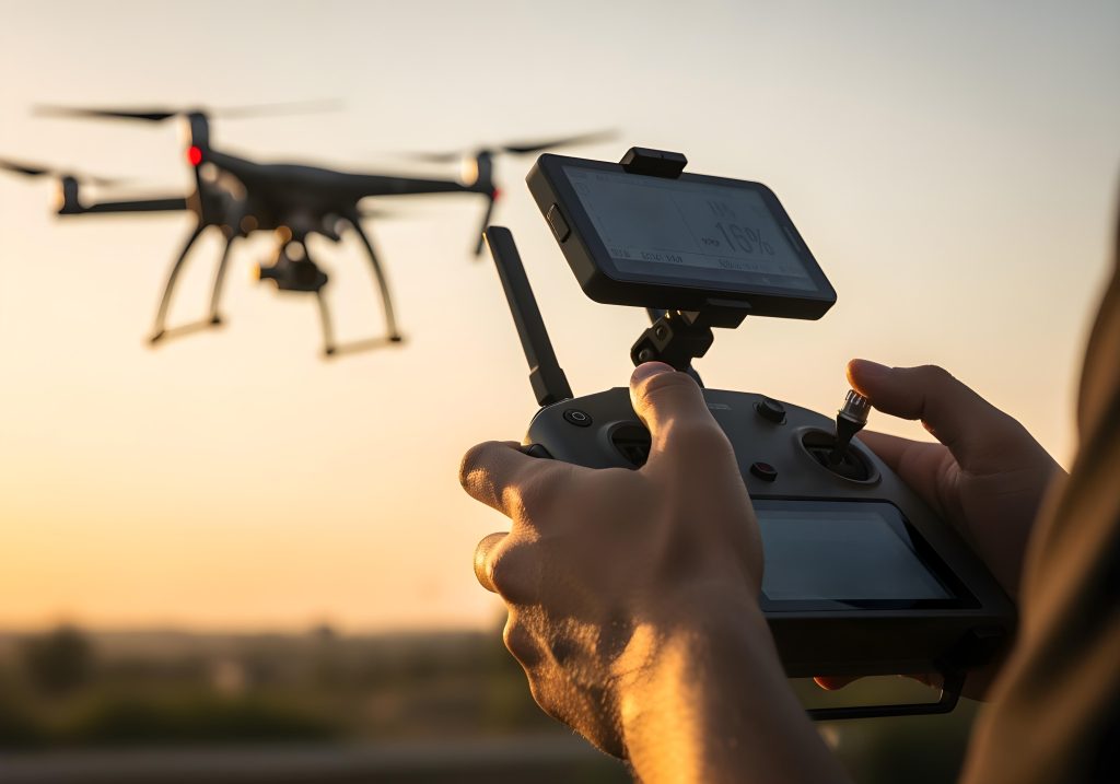 A person operates a drone with a remote controller at sunset, practising UAV Training, as the drone flies in the background and a digital display is visible on the controller.