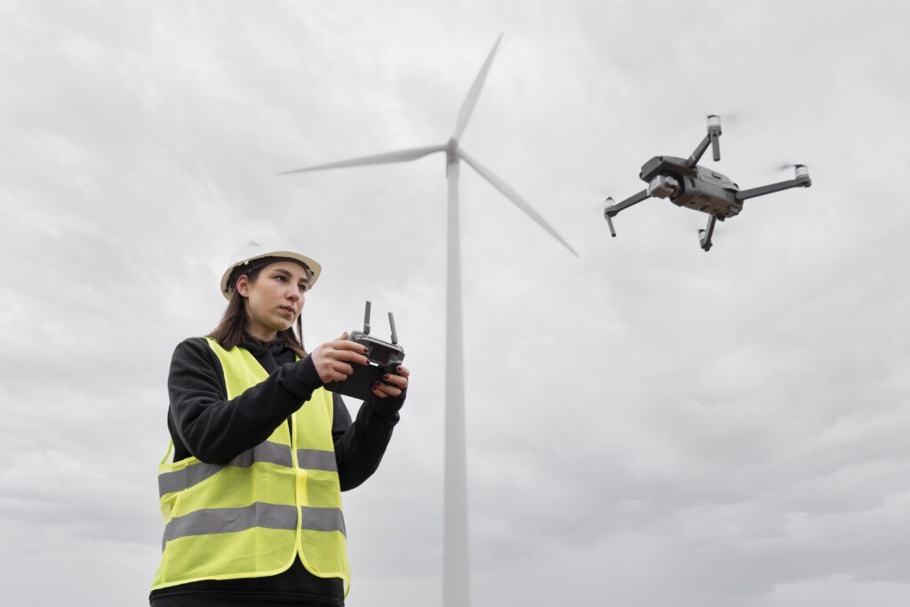 A person wearing a hard hat and high-visibility vest operates a drone with a remote control near a large wind turbine on a cloudy day, demonstrating skills gained from Drone Training Australia.