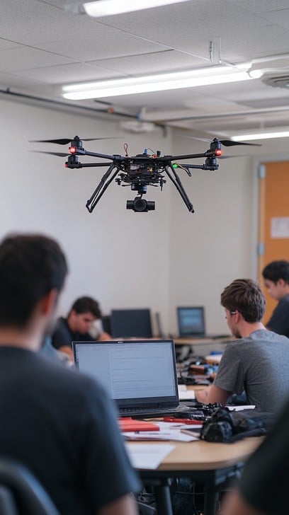 A drone hovers indoors in a classroom where several students sit at desks with laptops and notebooks, focused on their CASA-accredited drone training to become skilled commercial drone pilots.