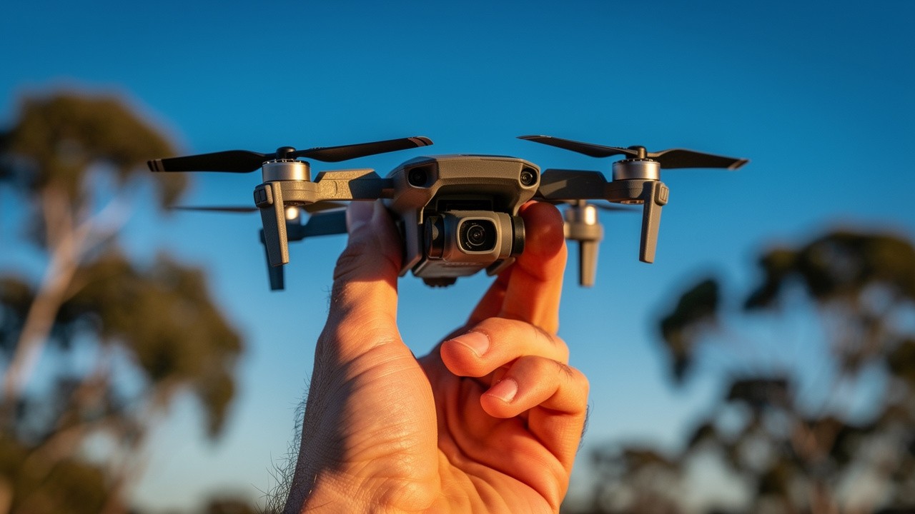 Hand holding lightweight sub-250g drone outdoors