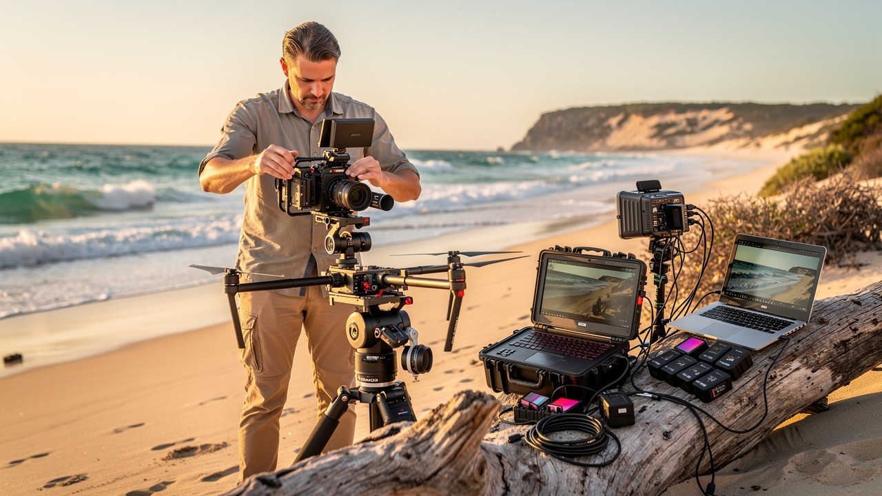 Professional aerial cinematographer preparing drone for coastal film production