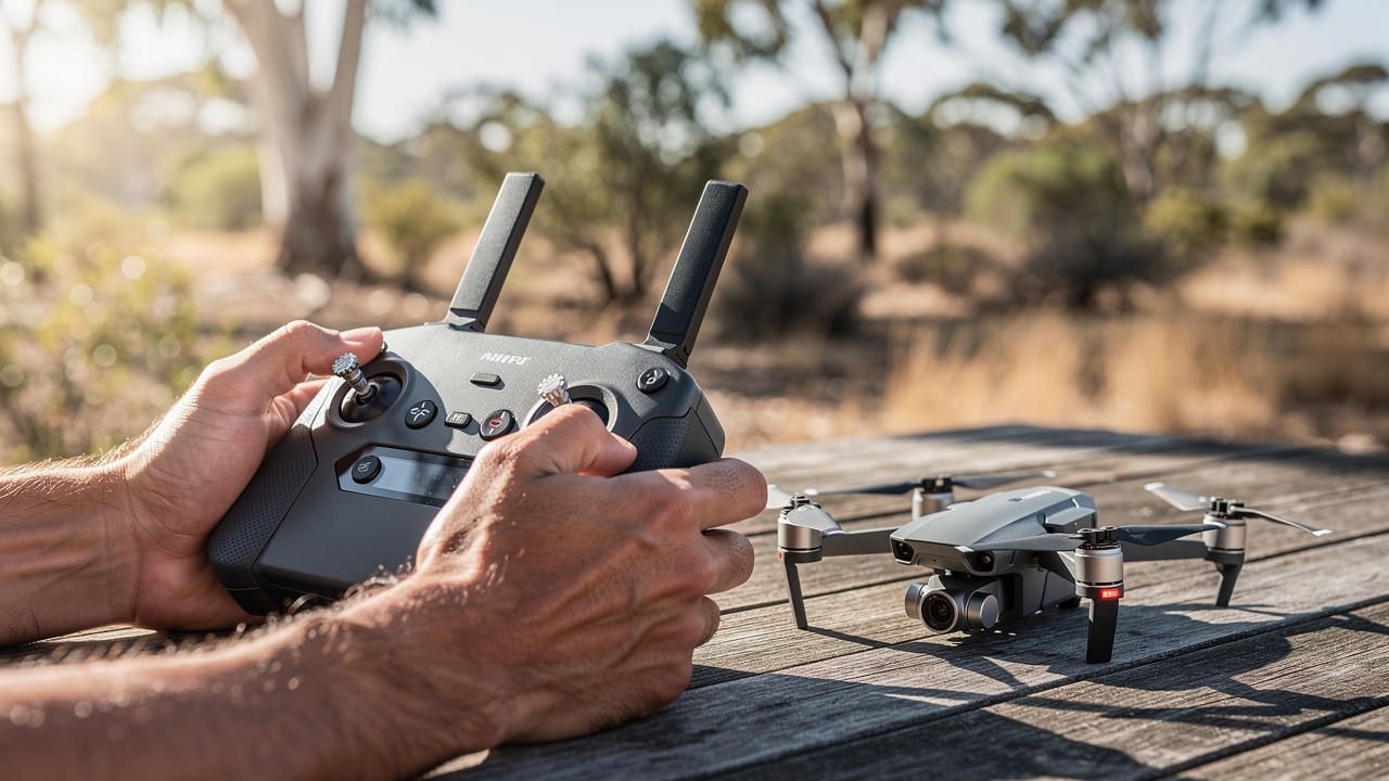 Recreational drone and controller ready for flight