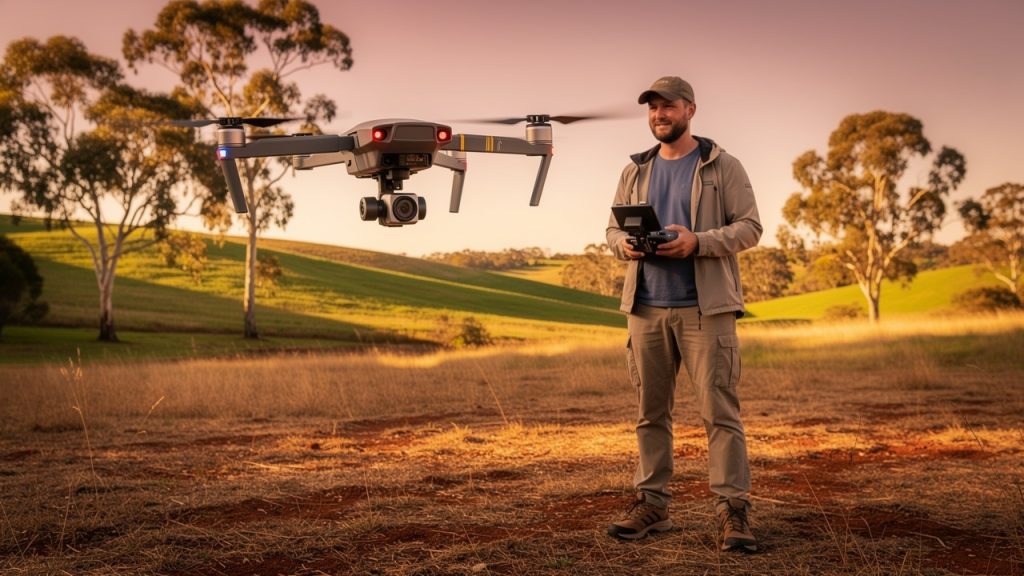 Man flying a drone outdoors in Australia following legal drone flight regulations