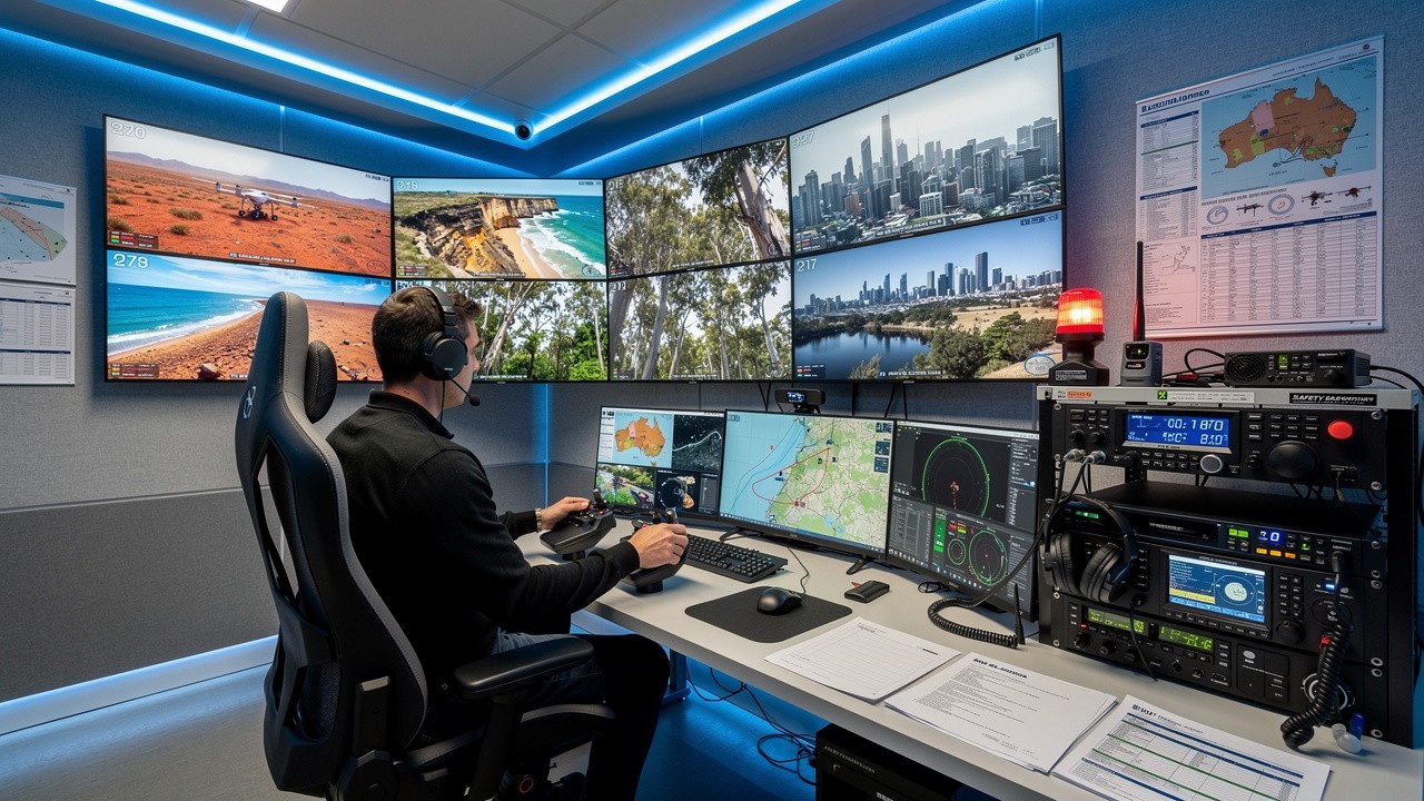 BVLOS drone pilot operating from Remote Operations Centre with multiple monitoring systems