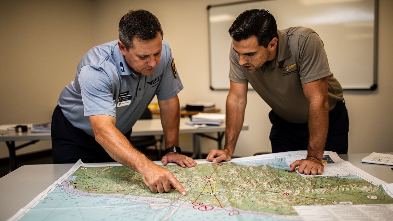 Drone training instructor teaching aviation theory and airspace planning
