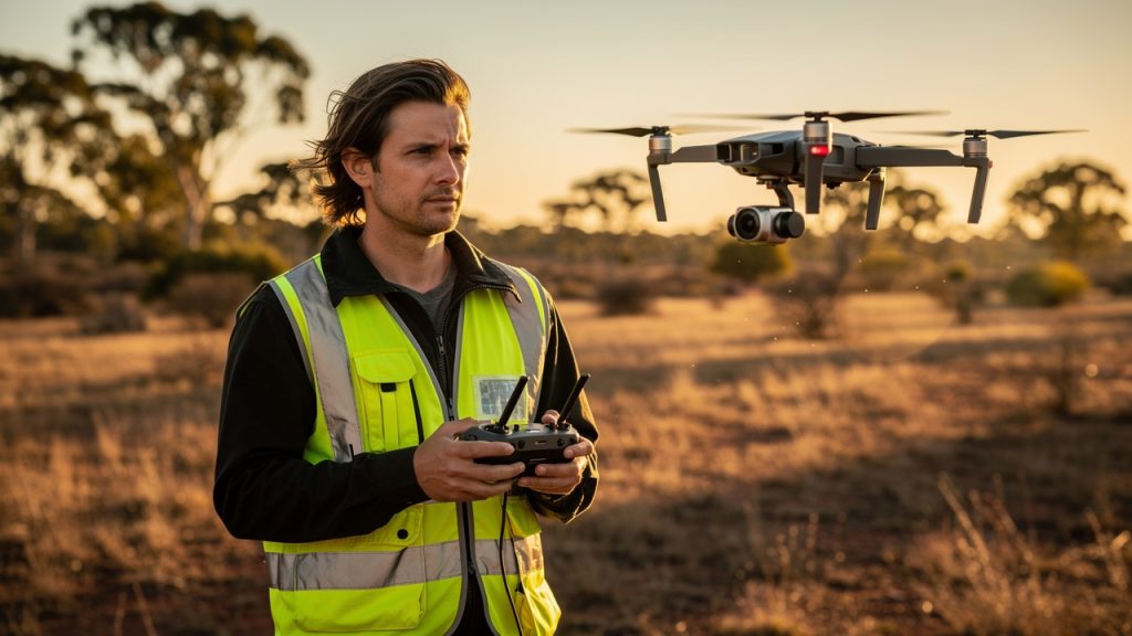 Man in high-visibility safety vest flying a drone in the Australian outback during commercial training
