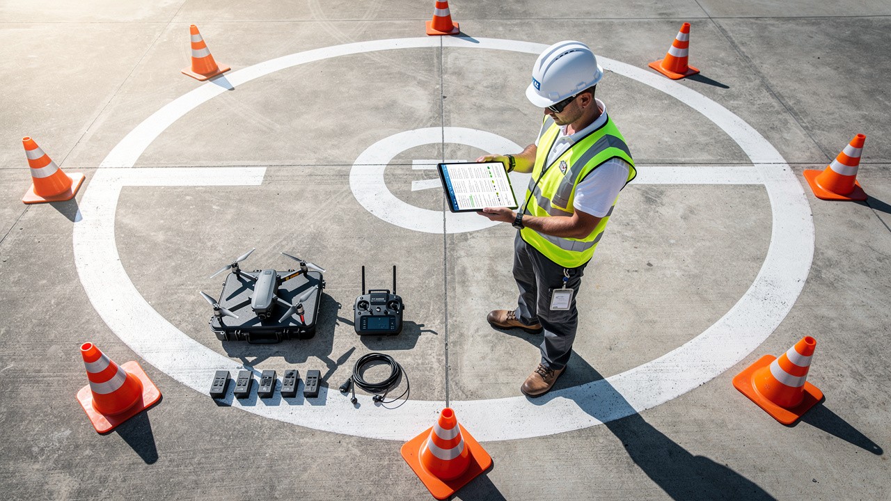 Drone pilot conducting pre-flight safety procedures