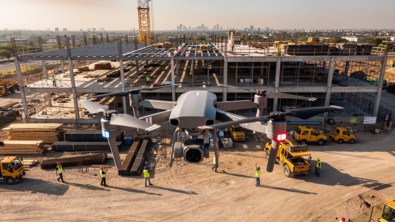Commercial drone conducting aerial inspection work on construction site