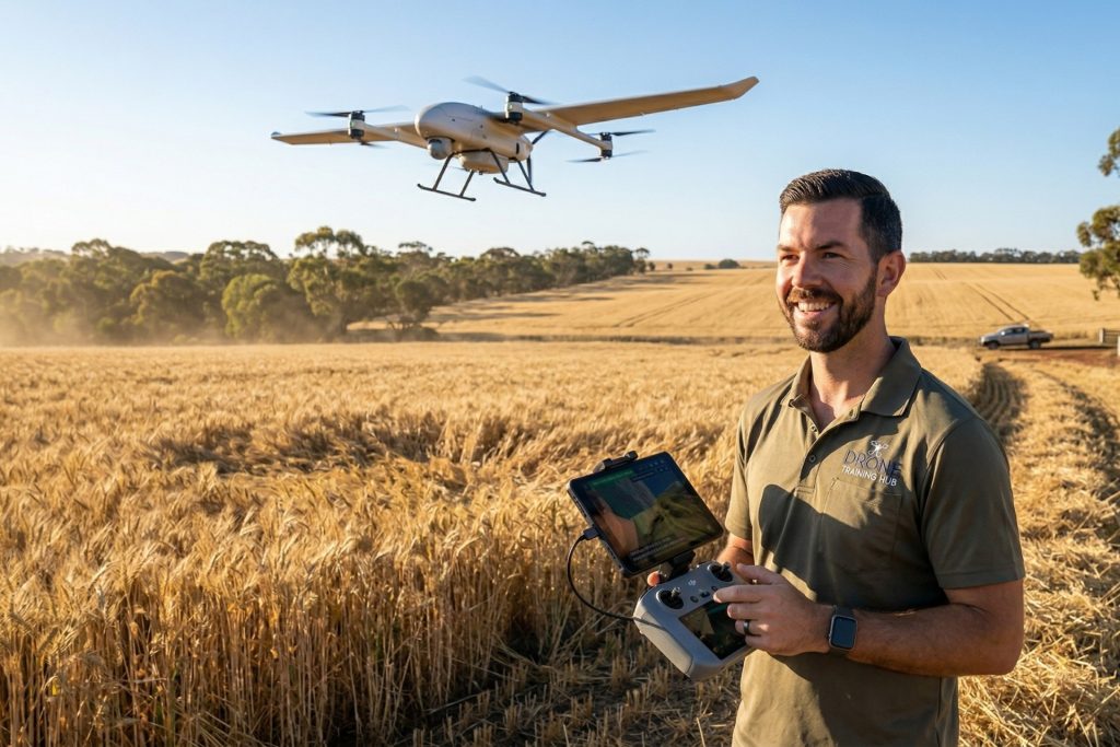 Agriculture drone pilot operating a drone in a field