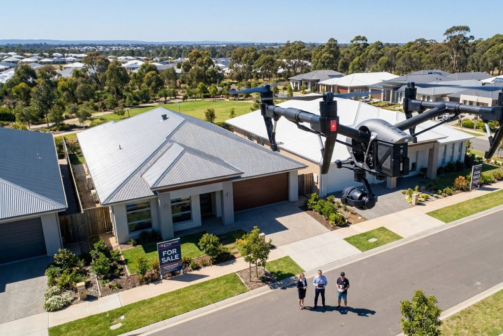 A drone flying over a real estate property for licence training
